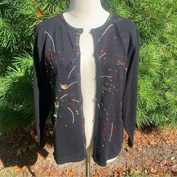 2000 Cardigan Sweater Embellished New Years Champagne Women’s M Y2K - Picture 12 of 14